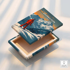 Courmayeur Ski Poster -  Italy on a decorative box showcasing skiing in the Italian Alps with vibrant colors.