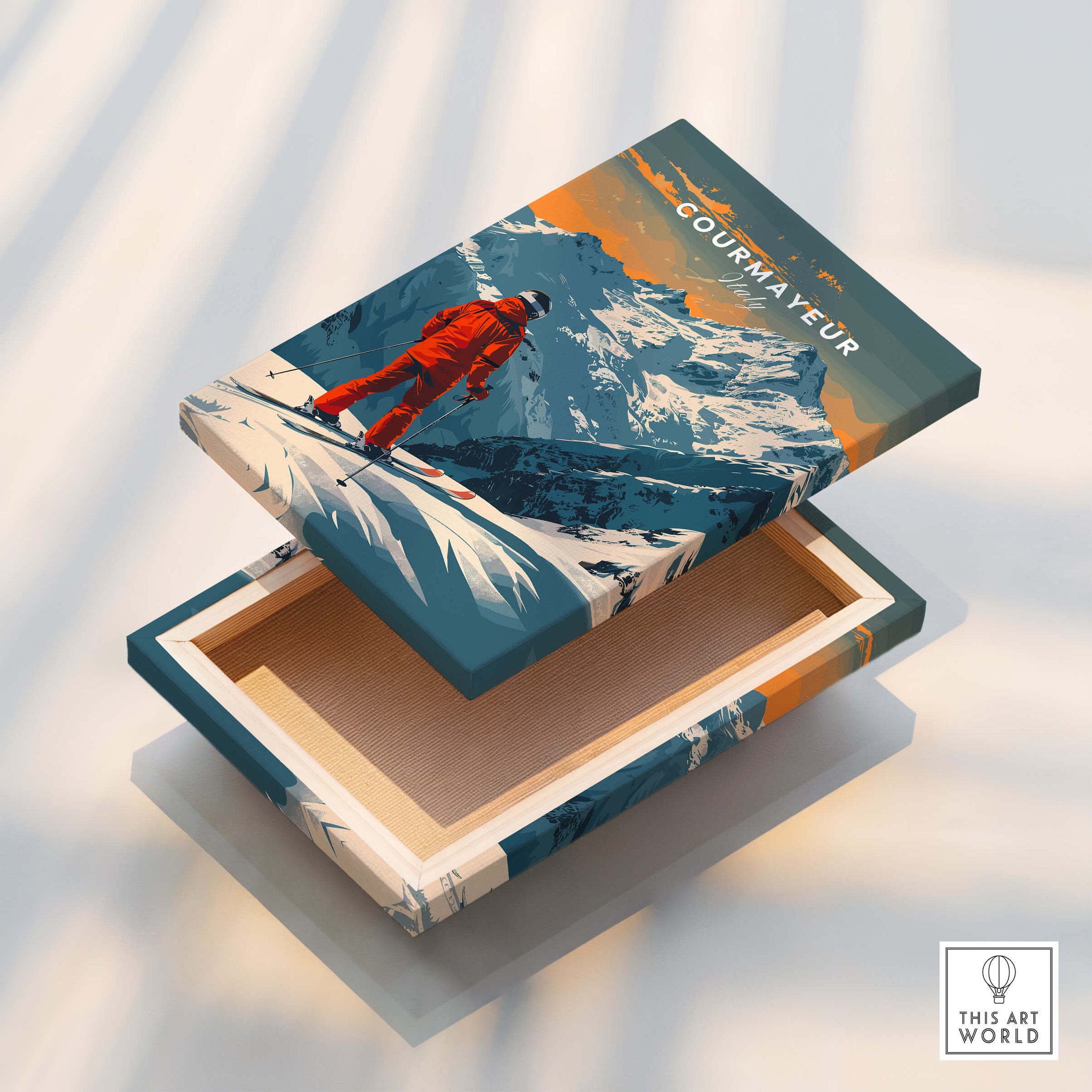 Courmayeur Ski Poster -  Italy on a decorative box showcasing skiing in the Italian Alps with vibrant colors.