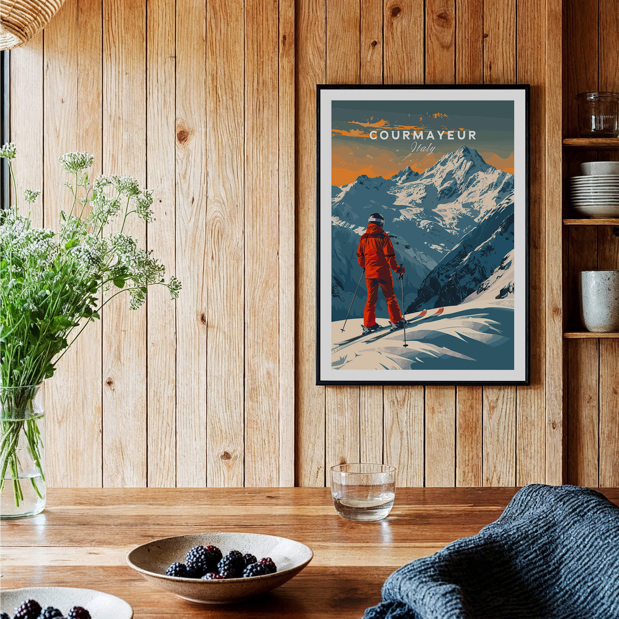 Courmayeur Ski Poster - Italy displayed in a rustic interior, showcasing skiing in the Italian Alps.