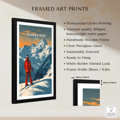 Courmayeur Ski Poster - Italy framed art print showcasing ski scene in the Italian Alps with vibrant colors.