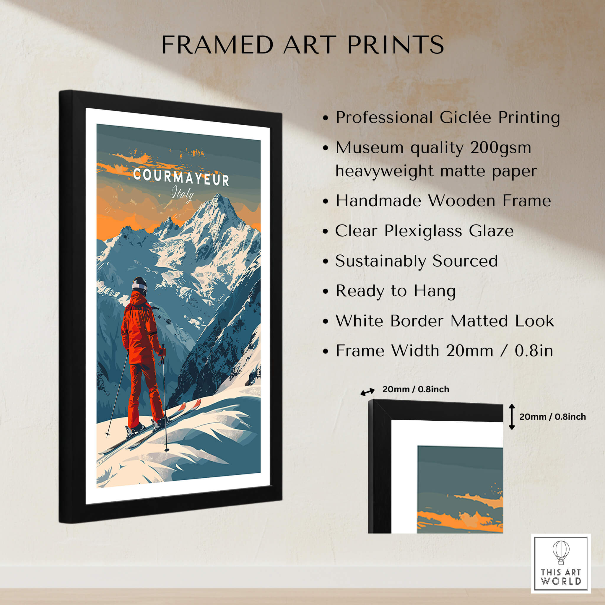 Courmayeur Ski Poster - Italy framed art print showcasing ski scene in the Italian Alps with vibrant colors.
