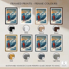 Courmayeur Ski Poster - Italy framed prints in various colors including black, white, natural, brown, gold, silver, dark grey, and light grey.