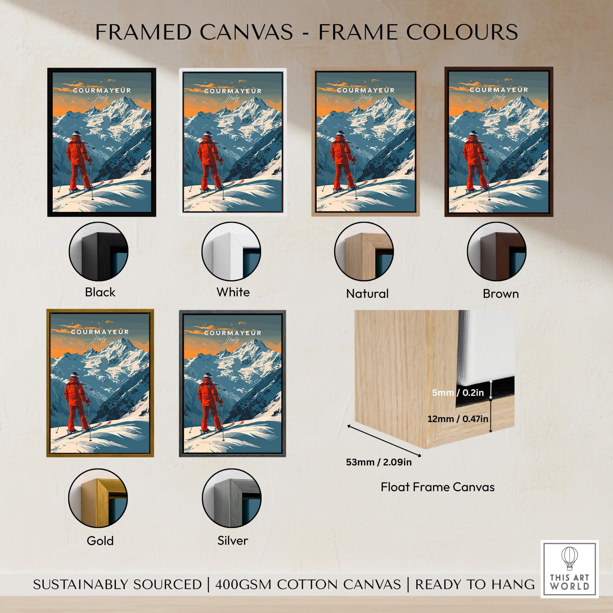 Framed canvas color options for Courmayeur Ski Poster - Italy showcasing different frame styles.