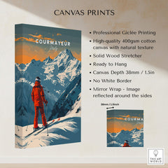 Courmayeur Ski Poster - Italy, featuring breathtaking snow-covered mountains and a skier in the Italian Alps.