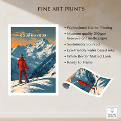 Courmayeur Ski Poster - Italy showcasing stunning alpine scenery and a skier in vibrant red outfit.
