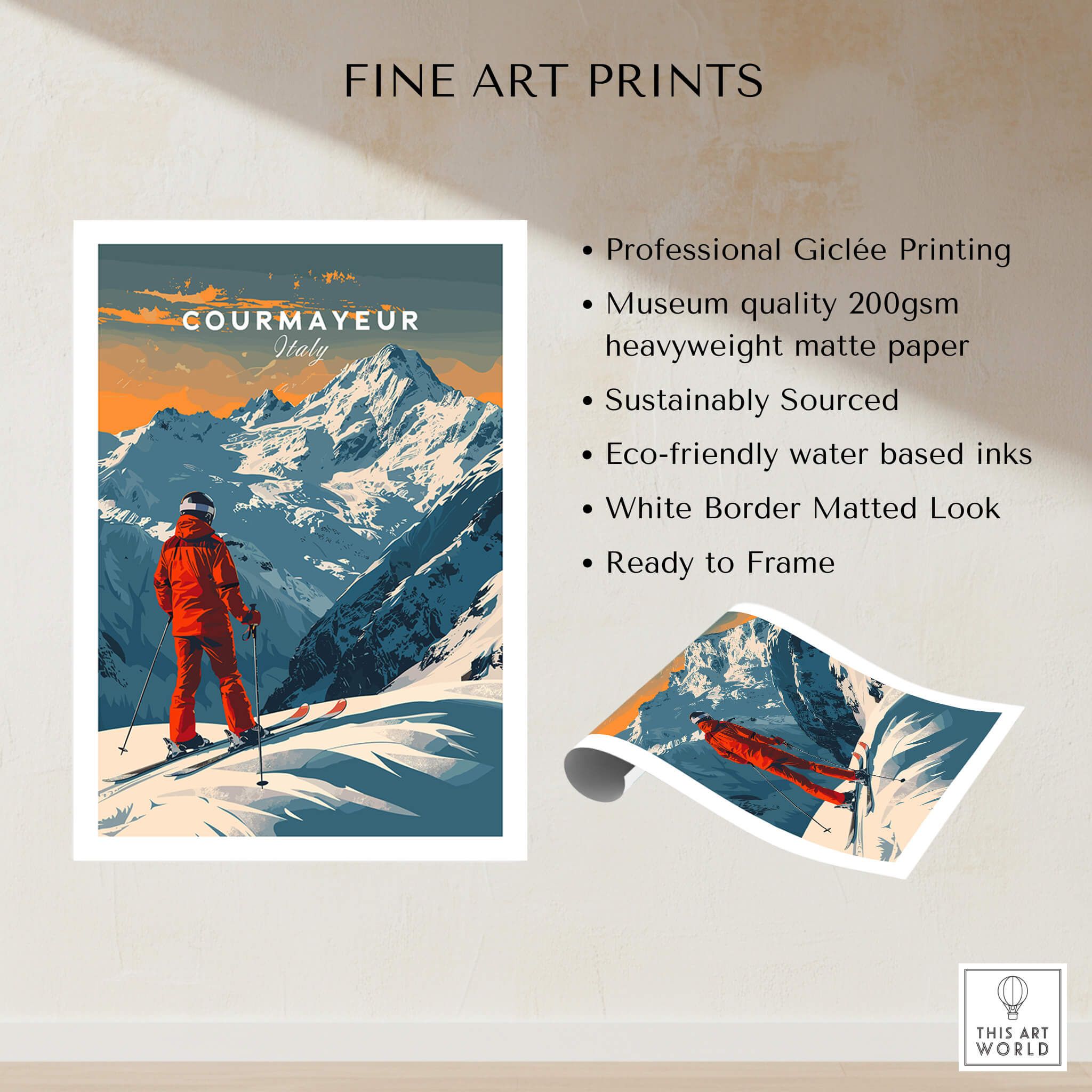 Courmayeur Ski Poster - Italy showcasing stunning alpine scenery and a skier in vibrant red outfit.