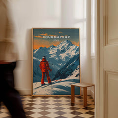 Courmayeur Ski Poster - Italy featuring a skier against a stunning alpine backdrop in a stylish interior.