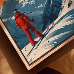 Courmayeur Ski Poster - Italy features a skier in orange gear navigating through the stunning Italian Alps.