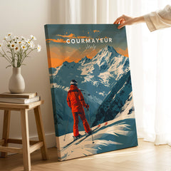 Courmayeur Ski Poster - Italy featuring a skier against the stunning mountains of the Italian Alps.