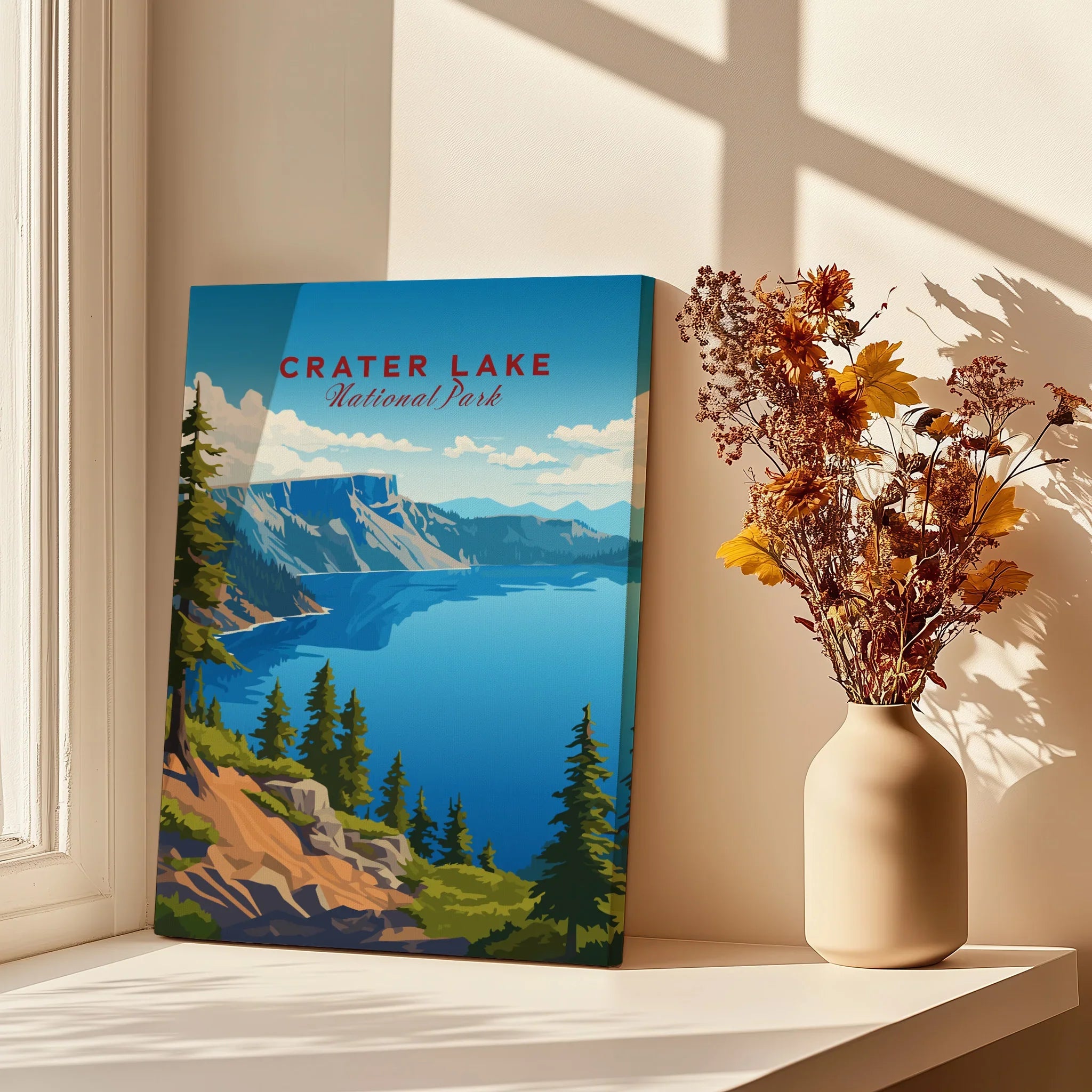 Crater Lake National Park travel poster on canvas by window with dried flowers in vase