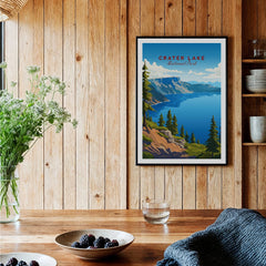 Framed Crater Lake National Park art print on wooden kitchen wall with bowls of berries
