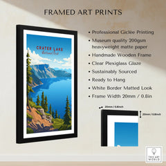 Framed Crater Lake National Park travel poster print with size and quality details on wall.
