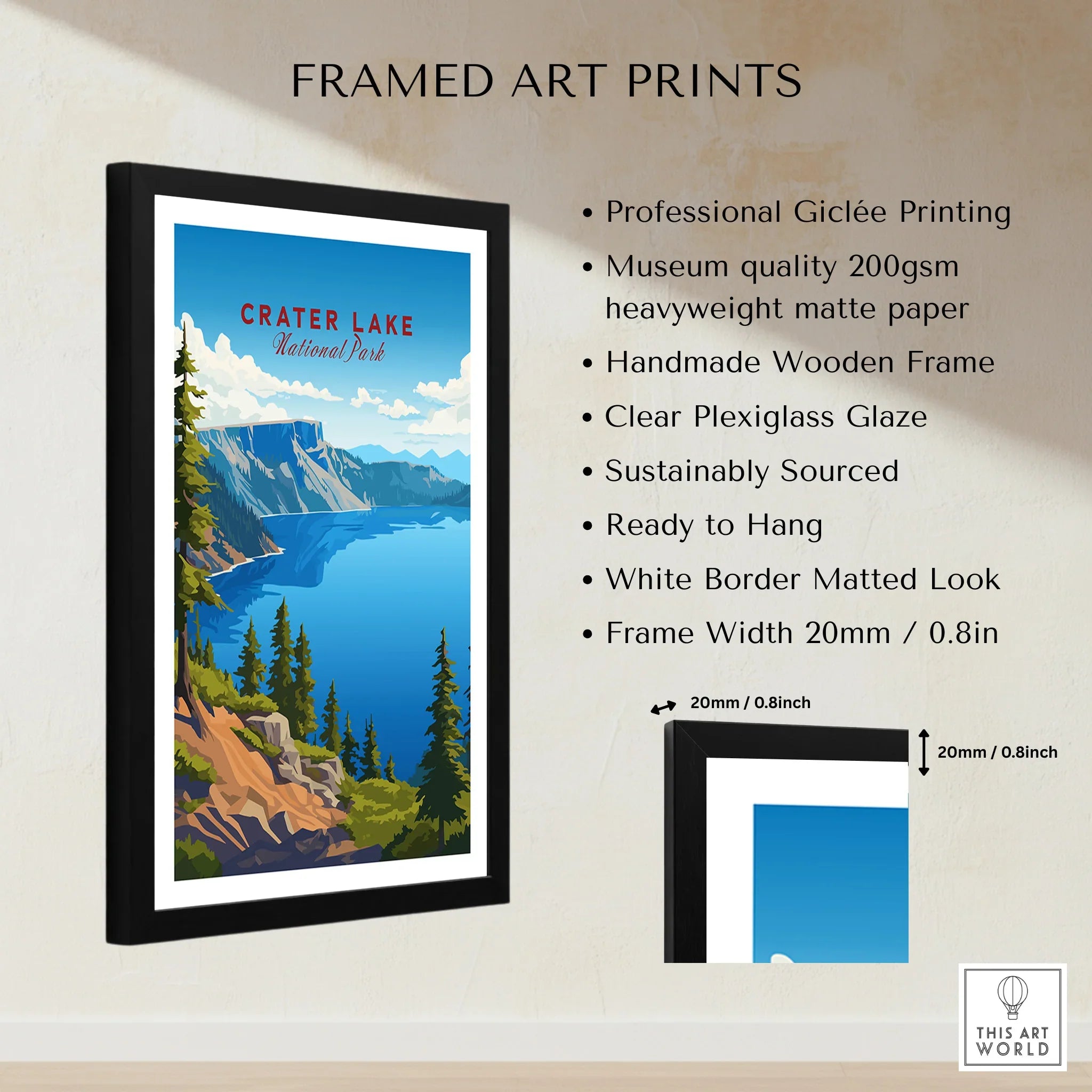 Framed Crater Lake National Park travel poster print with size and quality details on wall.
