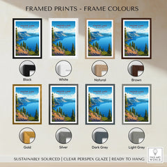 Crater Lake National Park framed travel print shown in eight frame color options on beige wall