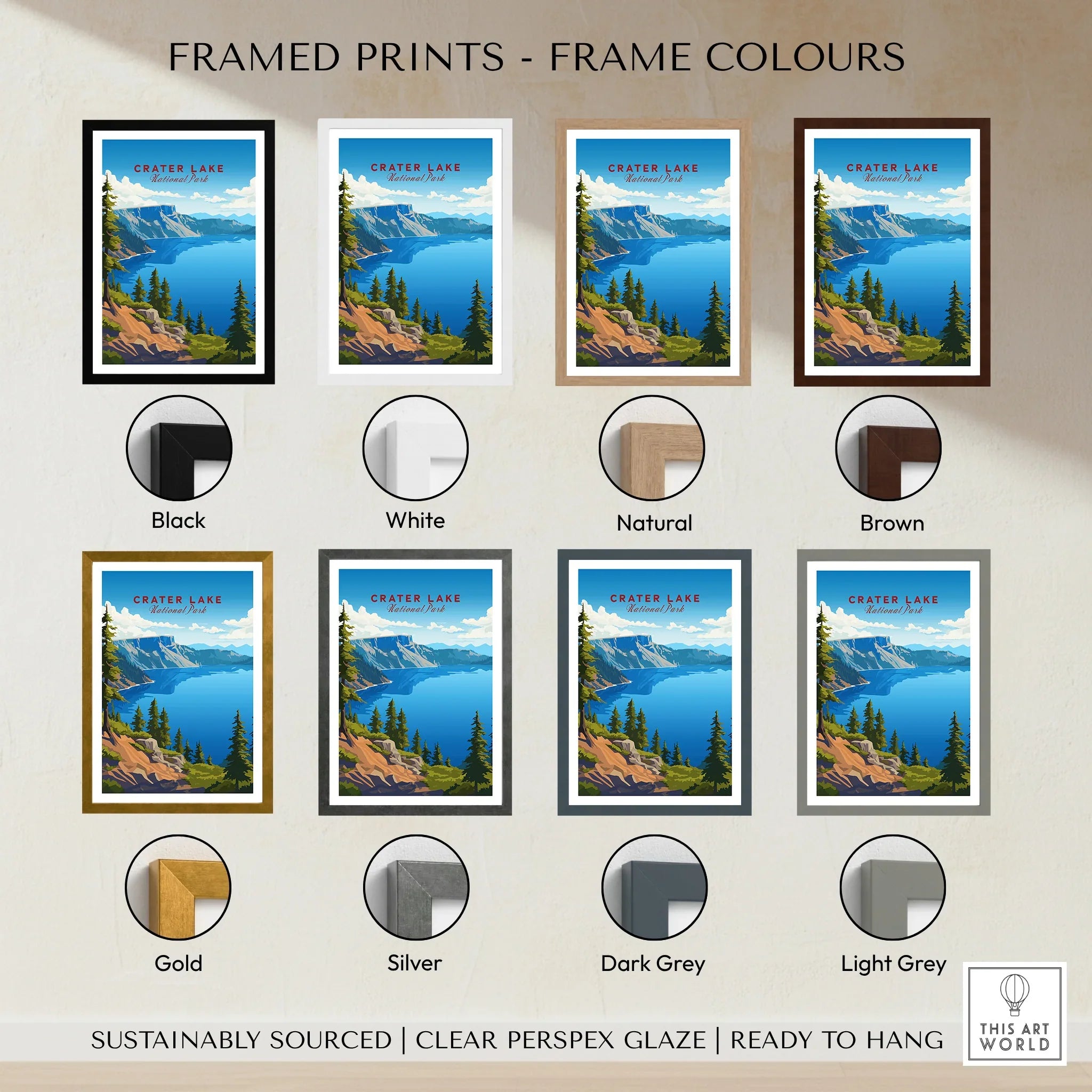 Crater Lake National Park framed travel print shown in eight frame color options on beige wall