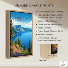 Framed canvas wall art of Crater Lake National Park, blue lake and pine trees, float frame