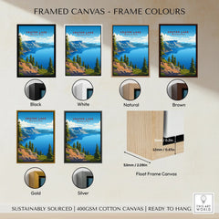 Crater Lake National Park wall art on canvas with six frame color options: black, white, natural, brown, gold, and silver.