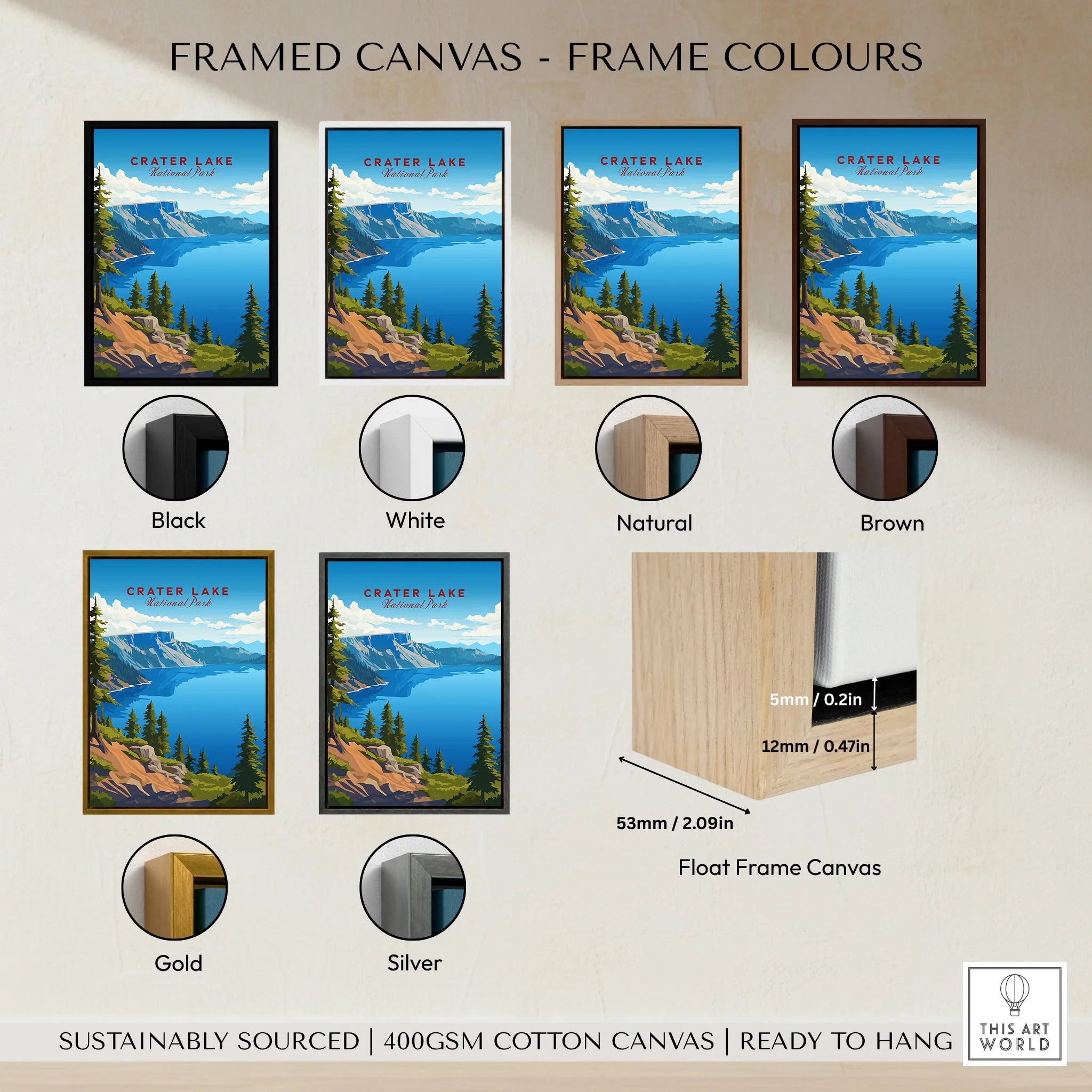 Crater Lake National Park wall art on canvas with six frame color options: black, white, natural, brown, gold, and silver.