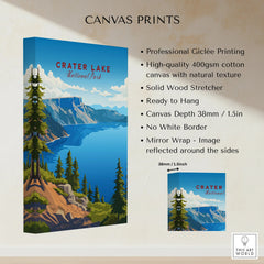 Crater Lake National Park canvas print with lake, pine trees, and mountains, wall art decor