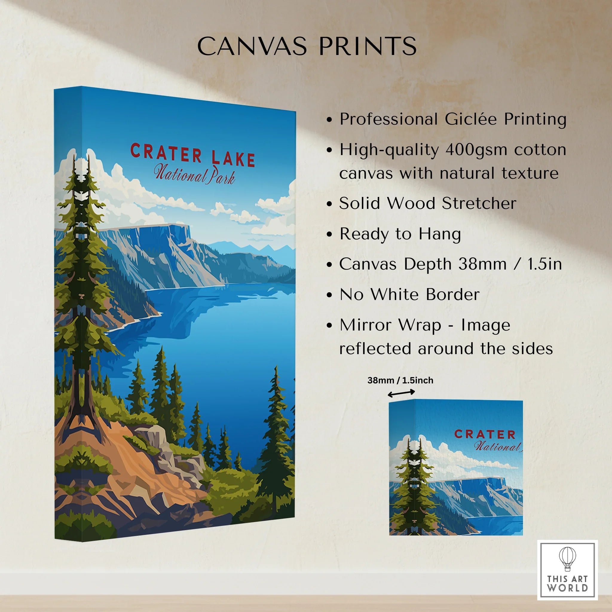 Crater Lake National Park canvas print with lake, pine trees, and mountains, wall art decor