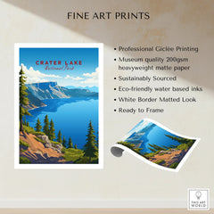 Crater Lake National Park travel poster art print with lake, trees, and mountains.