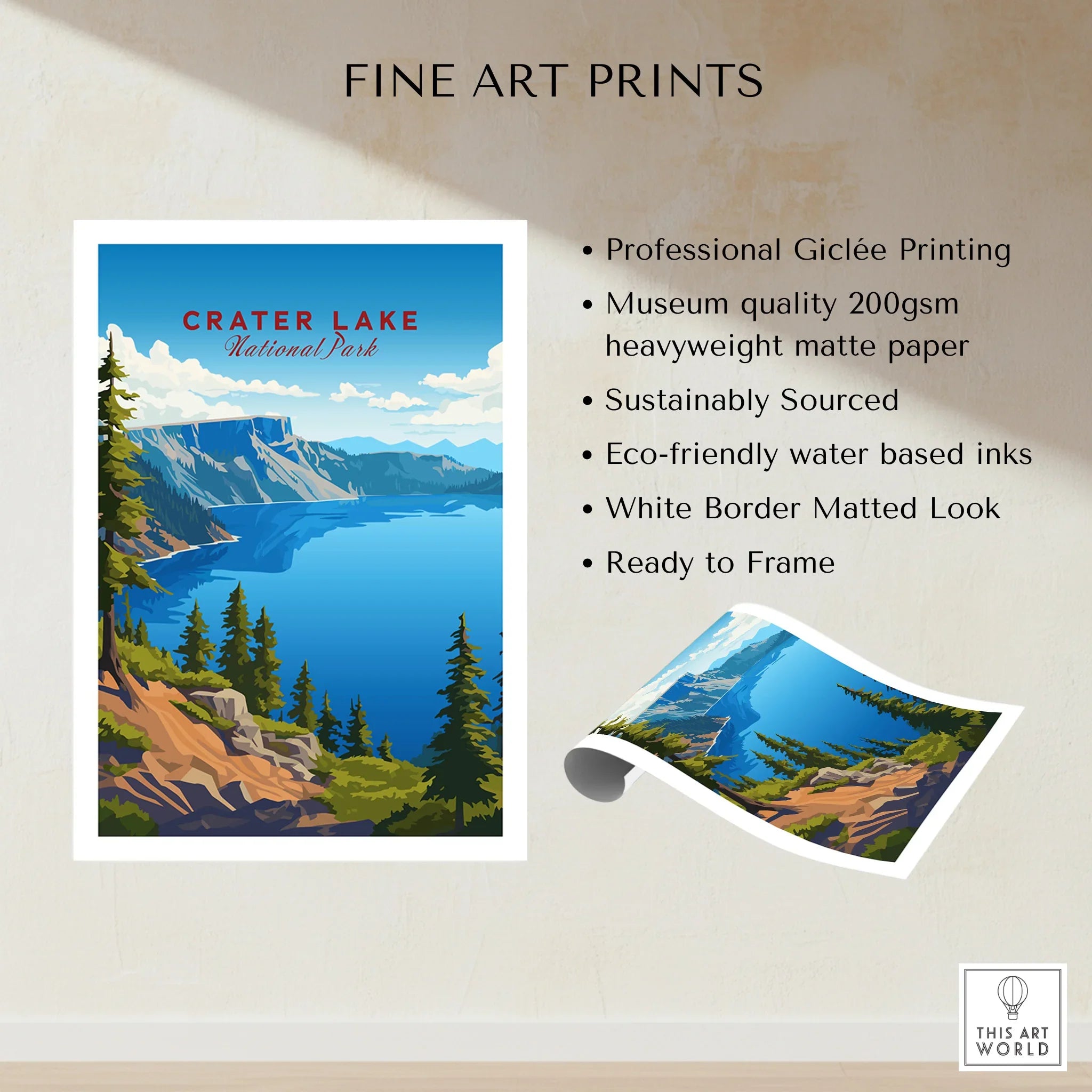Crater Lake National Park travel poster art print with lake, trees, and mountains.