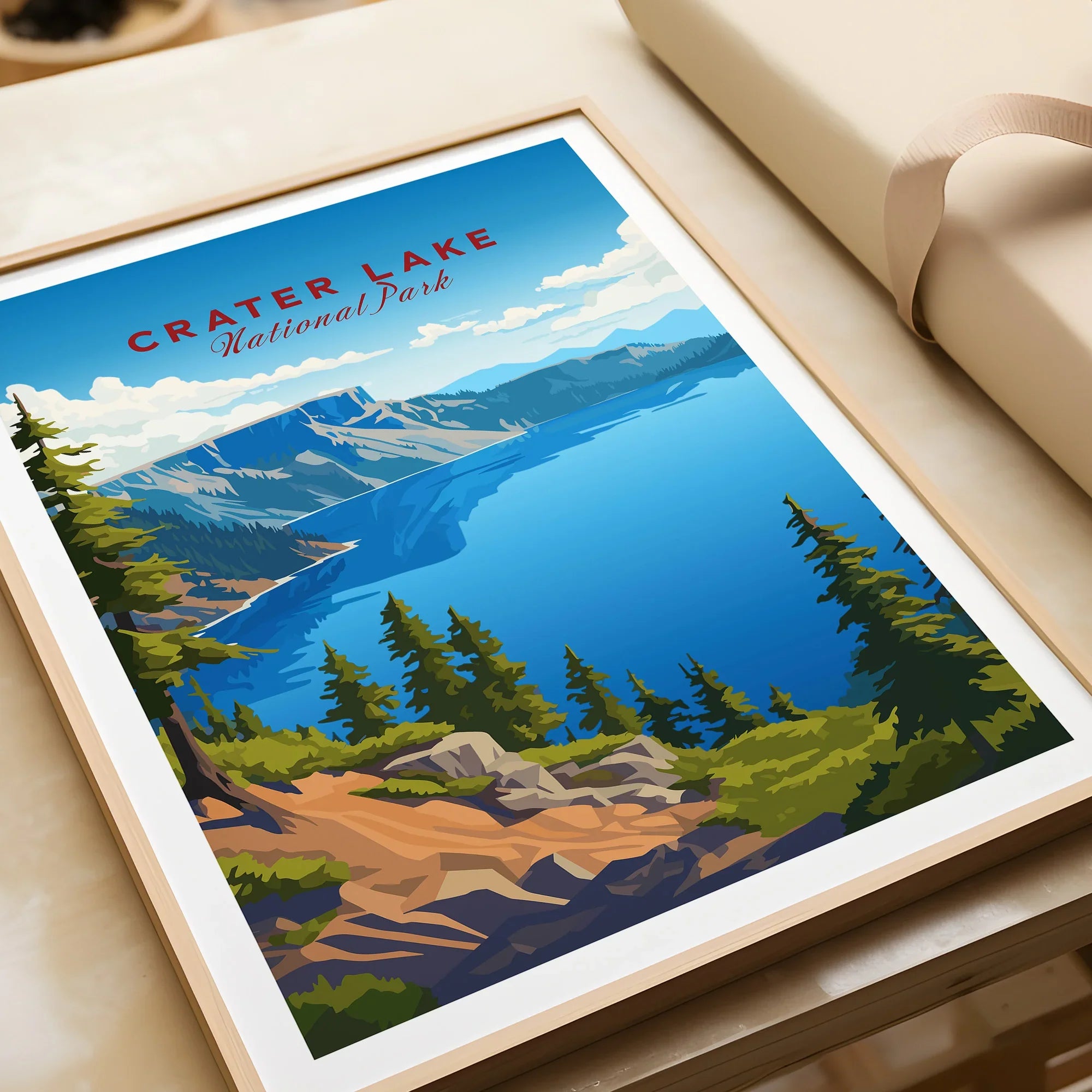 Crater Lake National Park art print in natural wood frame, unwrapped, featuring vibrant lake and pine trees