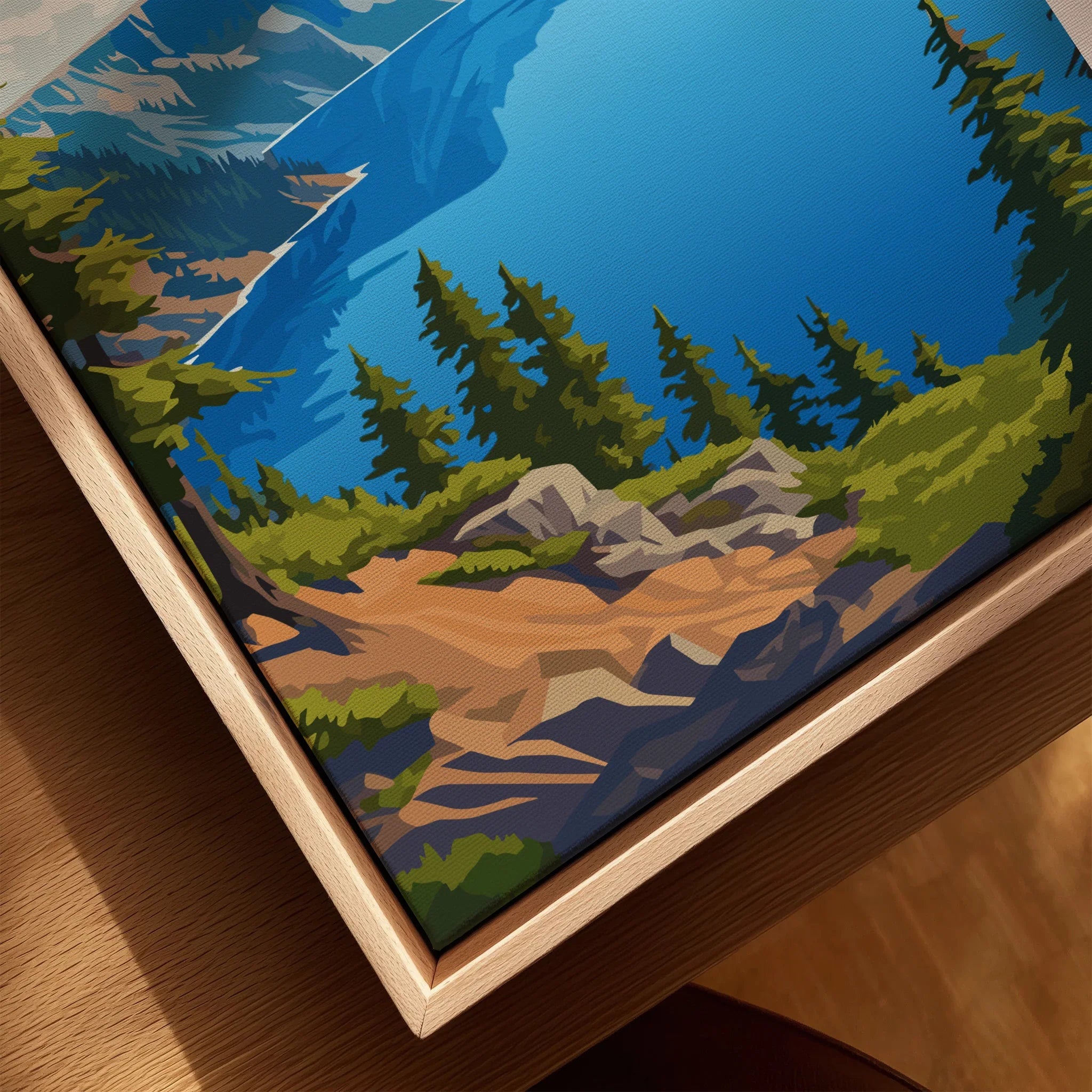 Close-up of Crater Lake National Park art print with pine trees, lake, and natural wood frame