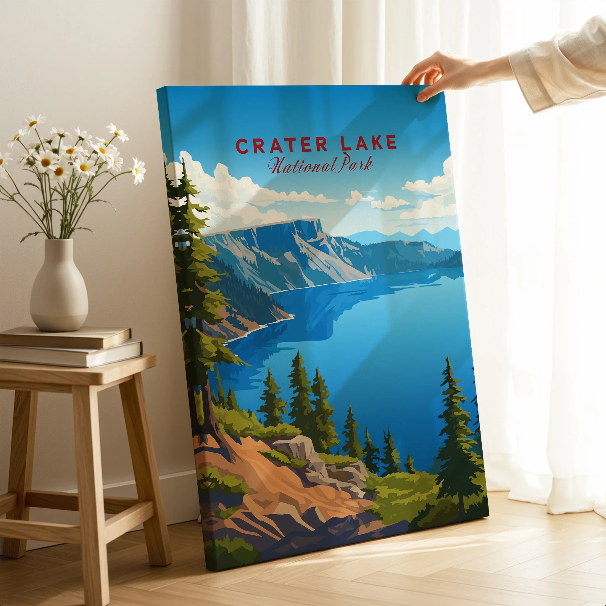 Crater Lake National Park art print in room setting, vibrant landscape wall decor