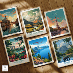 Set of six framed travel posters featuring Venice, The Highlands, Paris, Singapore, Crater Lake, and Sri Lanka on a wooden floor.