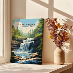 Cuyahoga National Park art print with waterfall, by window and vase of dried flowers