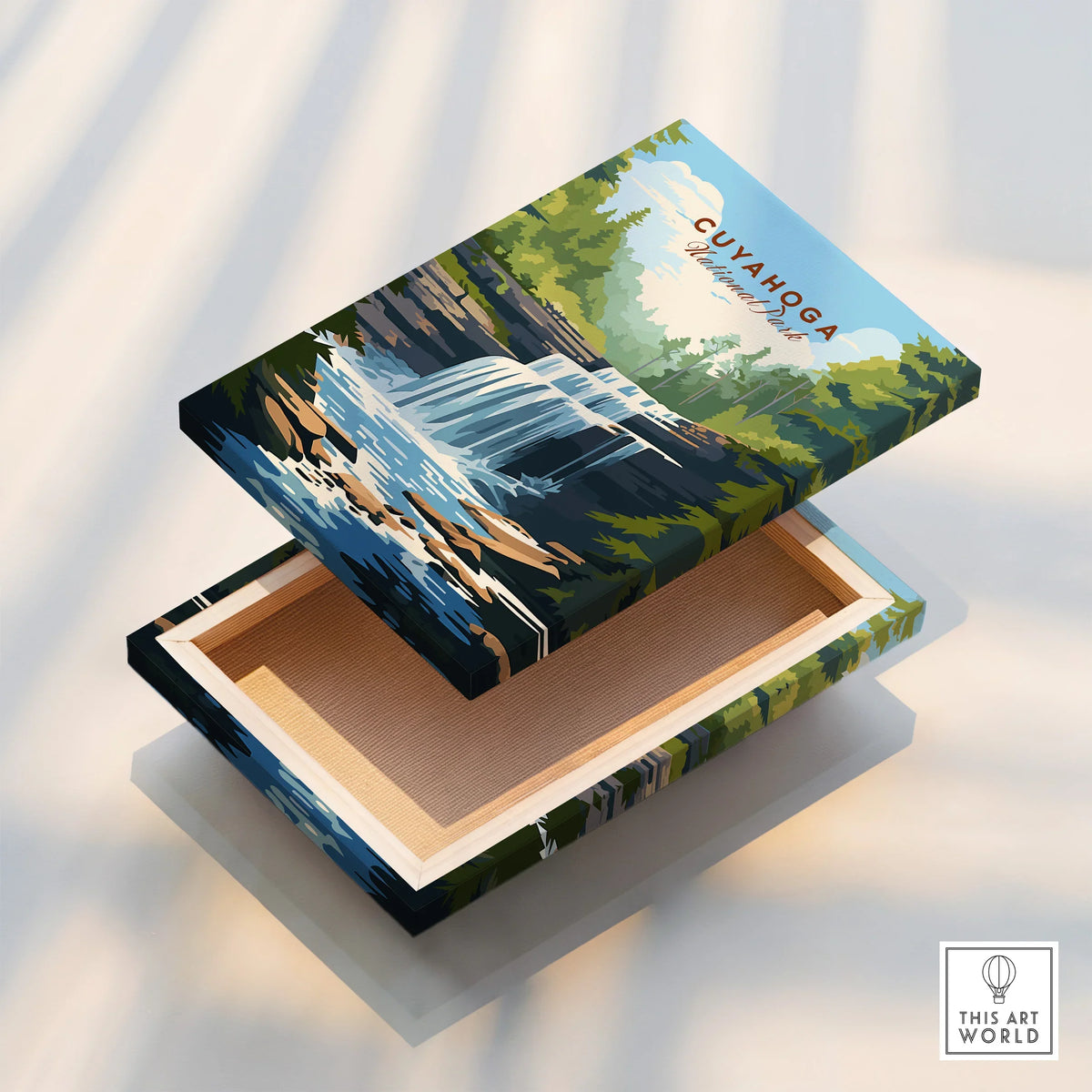Cuyahoga waterfall wall art print on floating stretched canvas with mirror edge detail