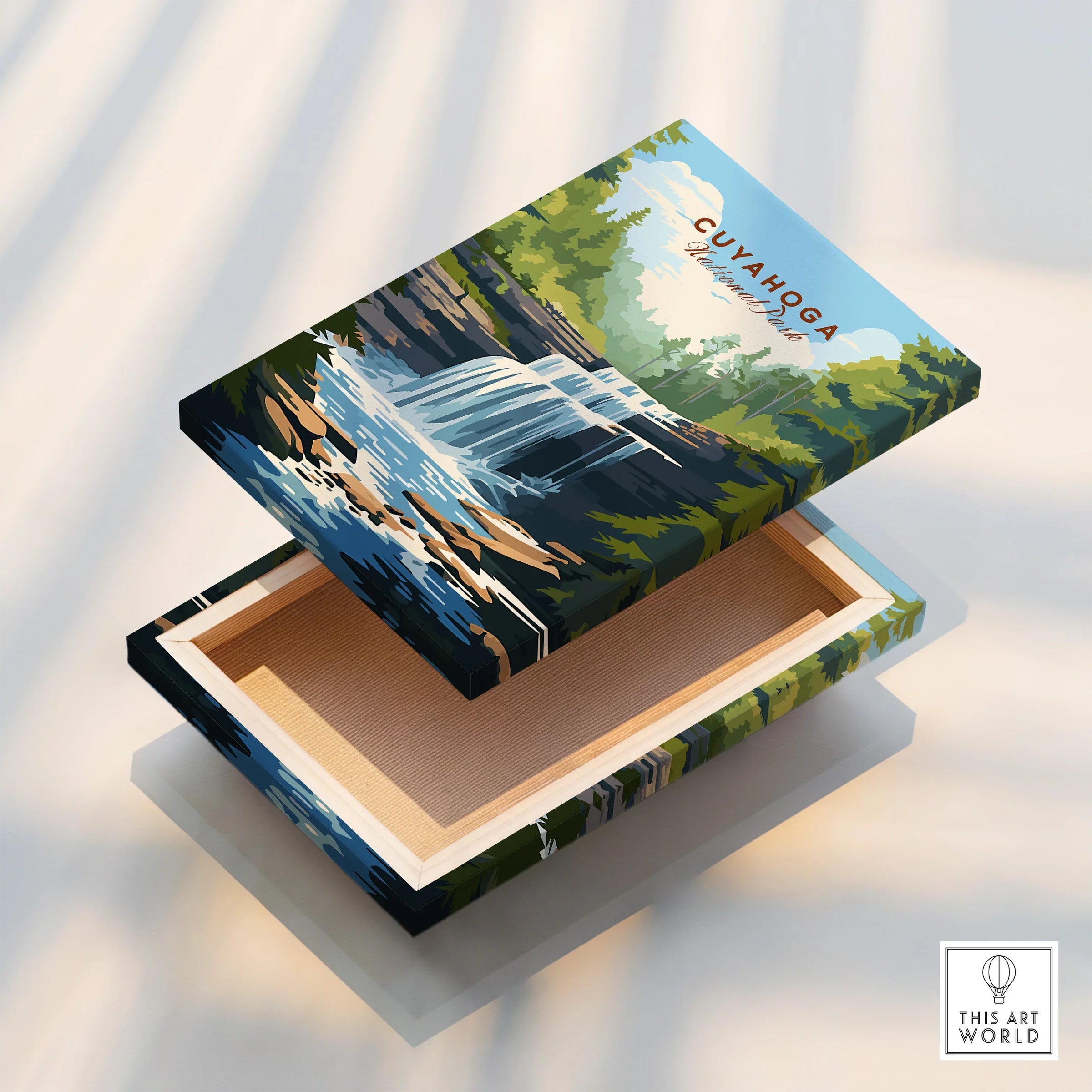 Cuyahoga waterfall wall art print on floating stretched canvas with mirror edge detail