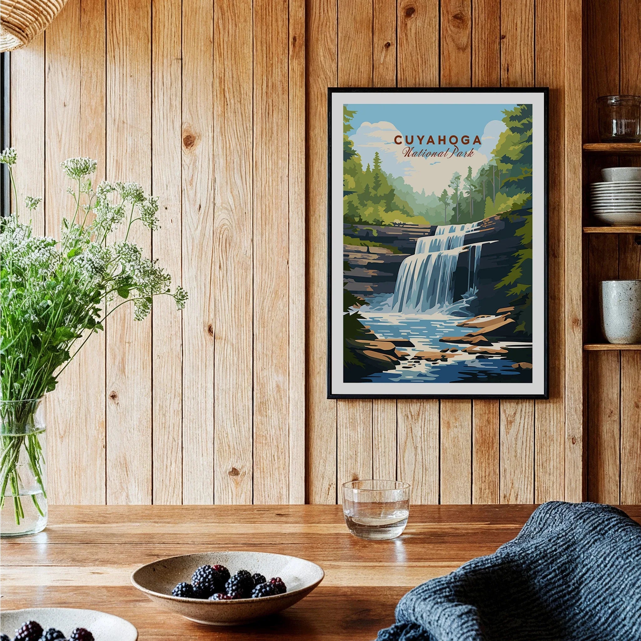 Cuyahoga National Park waterfall art print in black frame, displayed in rustic kitchen