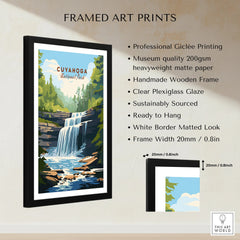 Cuyahoga National Park framed print with waterfall, wooden frame, and product feature list