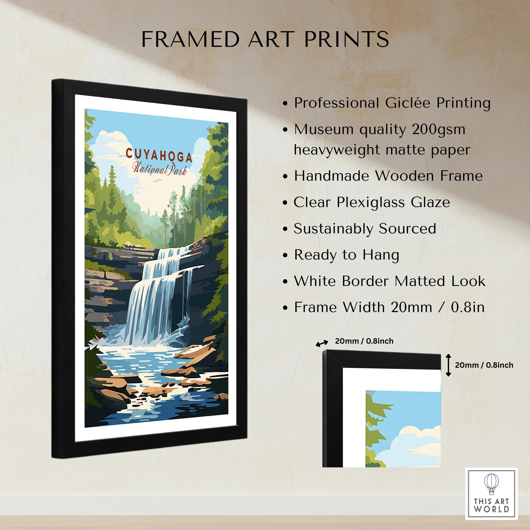 Cuyahoga National Park framed print with waterfall, wooden frame, and product feature list