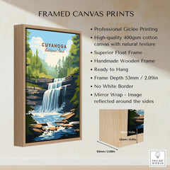 Framed canvas wall art of Cuyahoga National Park waterfall in wooden float frame