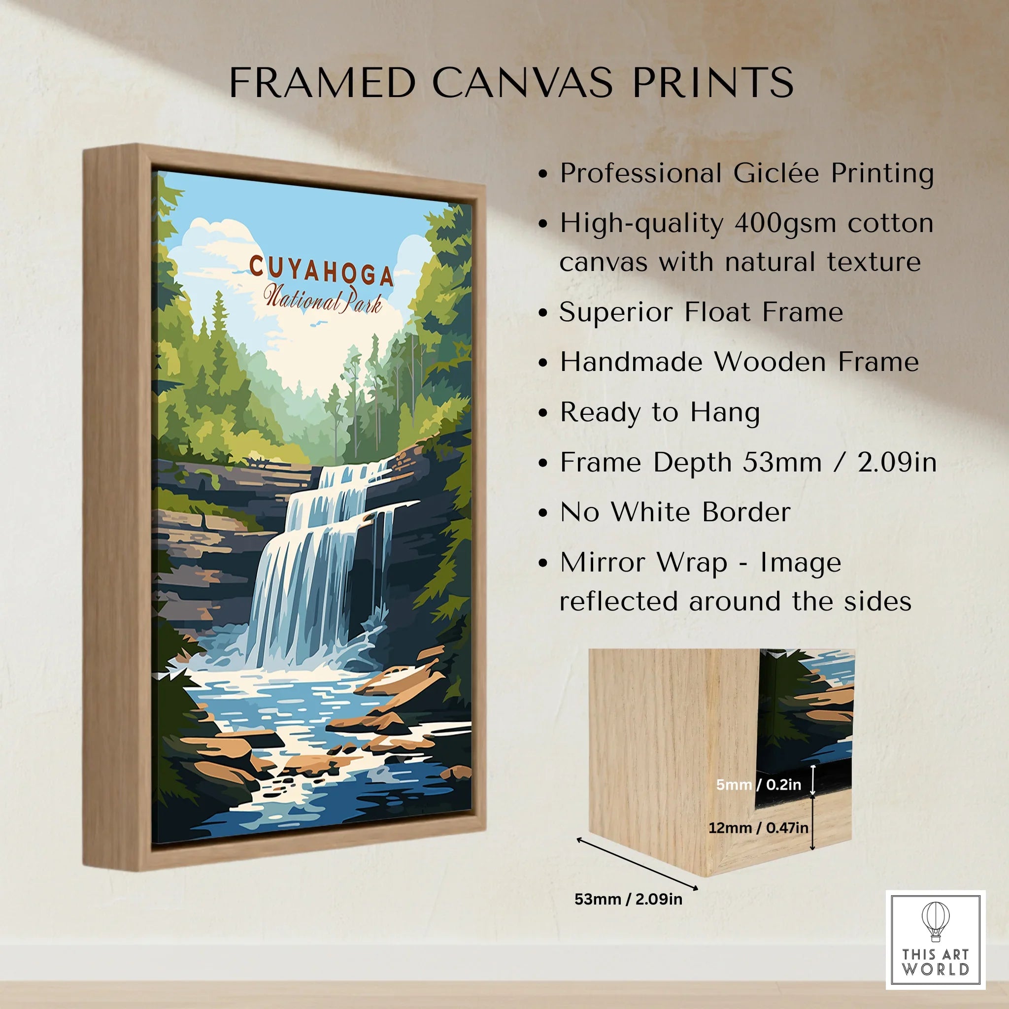 Framed canvas wall art of Cuyahoga National Park waterfall in wooden float frame