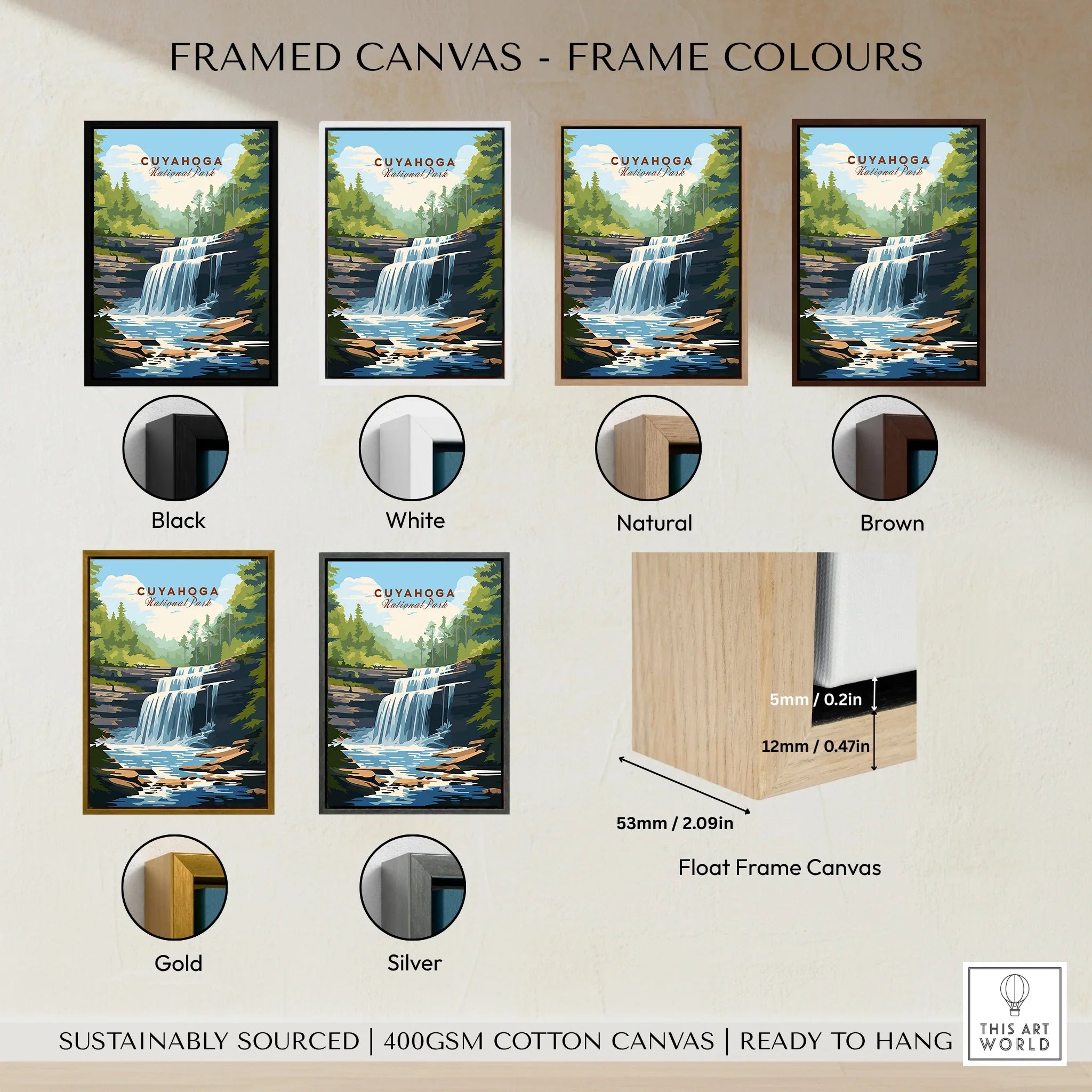 Cuyahoga National Park waterfall framed canvas art in six frame color options