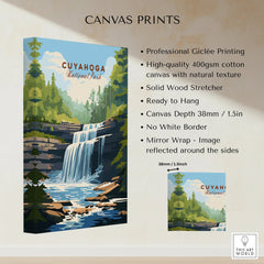 Cuyahoga National Park waterfall canvas print with forest landscape and product details