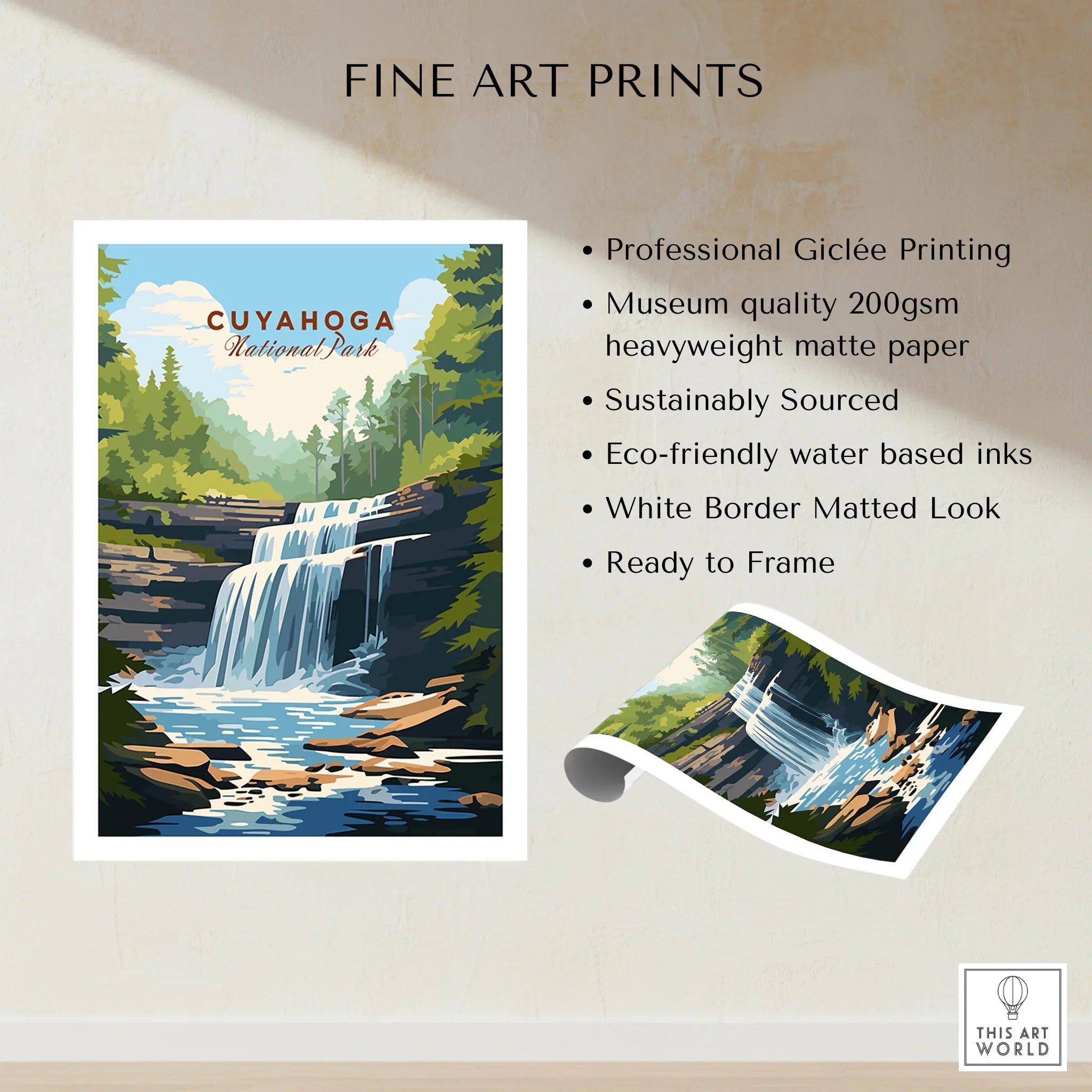 Cuyahoga National Park waterfall travel poster print with trees and modern scenic art style.