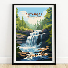 Cuyahoga National Park art print with waterfall, trees, and sky in black frame on wooden floor