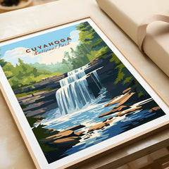 Cuyahoga National Park waterfall art print in natural wood frame, unwrapped as a gift