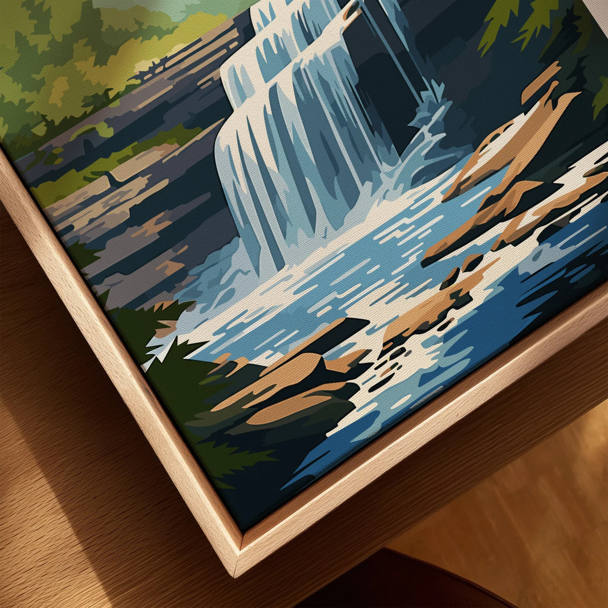National park waterfall art print in floating wood frame, close-up view