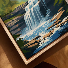 National park waterfall art print in floating wood frame, close-up view