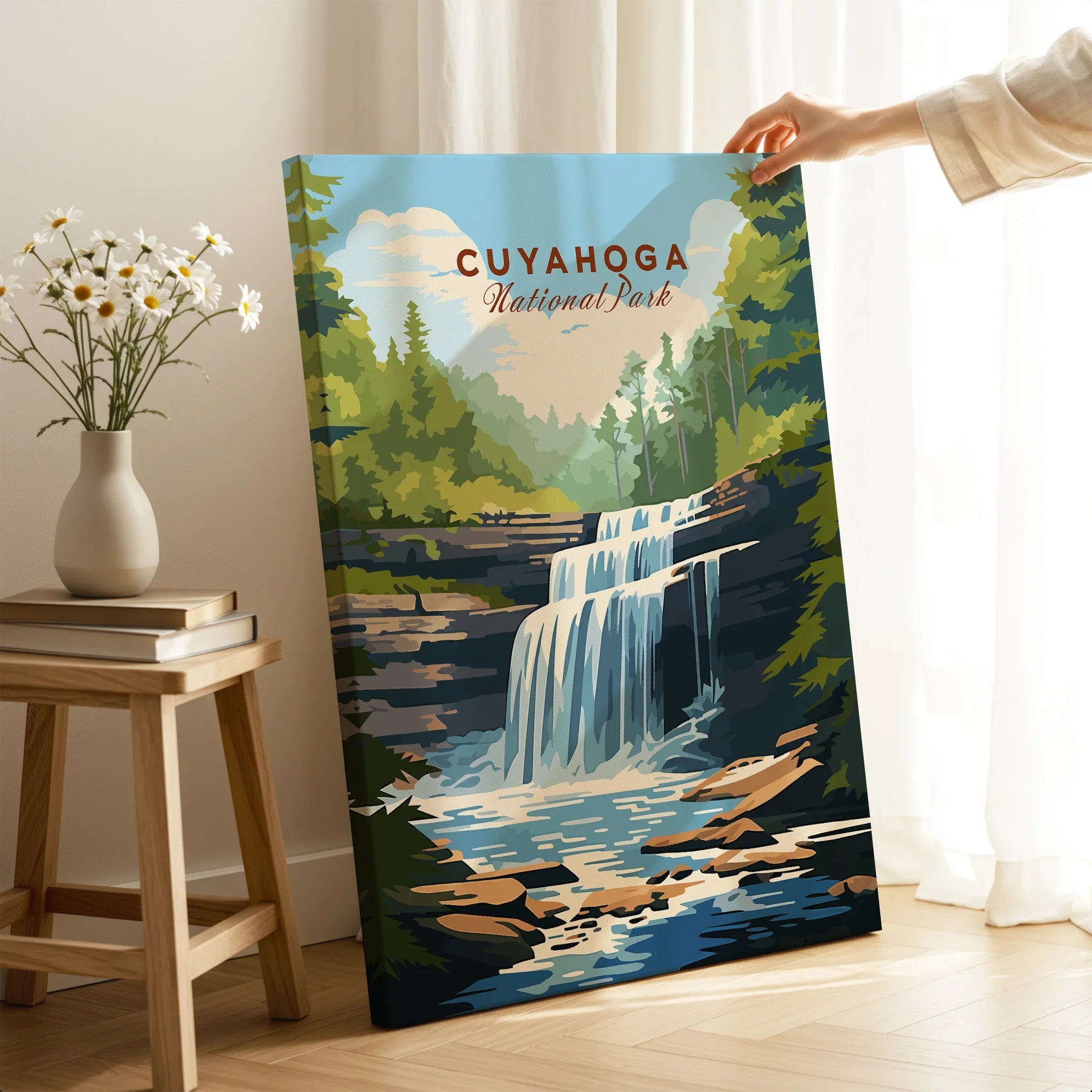 Cuyahoga National Park waterfall art print in modern home decor setting, hand holding canvas