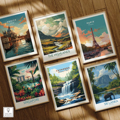 Set of six framed travel and national park art prints on wooden floor, featuring Venice, Paris, The Highlands, Singapore, Cuyahoga, and Sri Lanka.