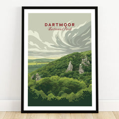 Dartmoor National Park Moorland Travel Poster — art print in black frame on wooden floor