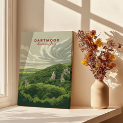 Dartmoor National Park Moorland Travel Poster — canvas print window setting with shadows flowers