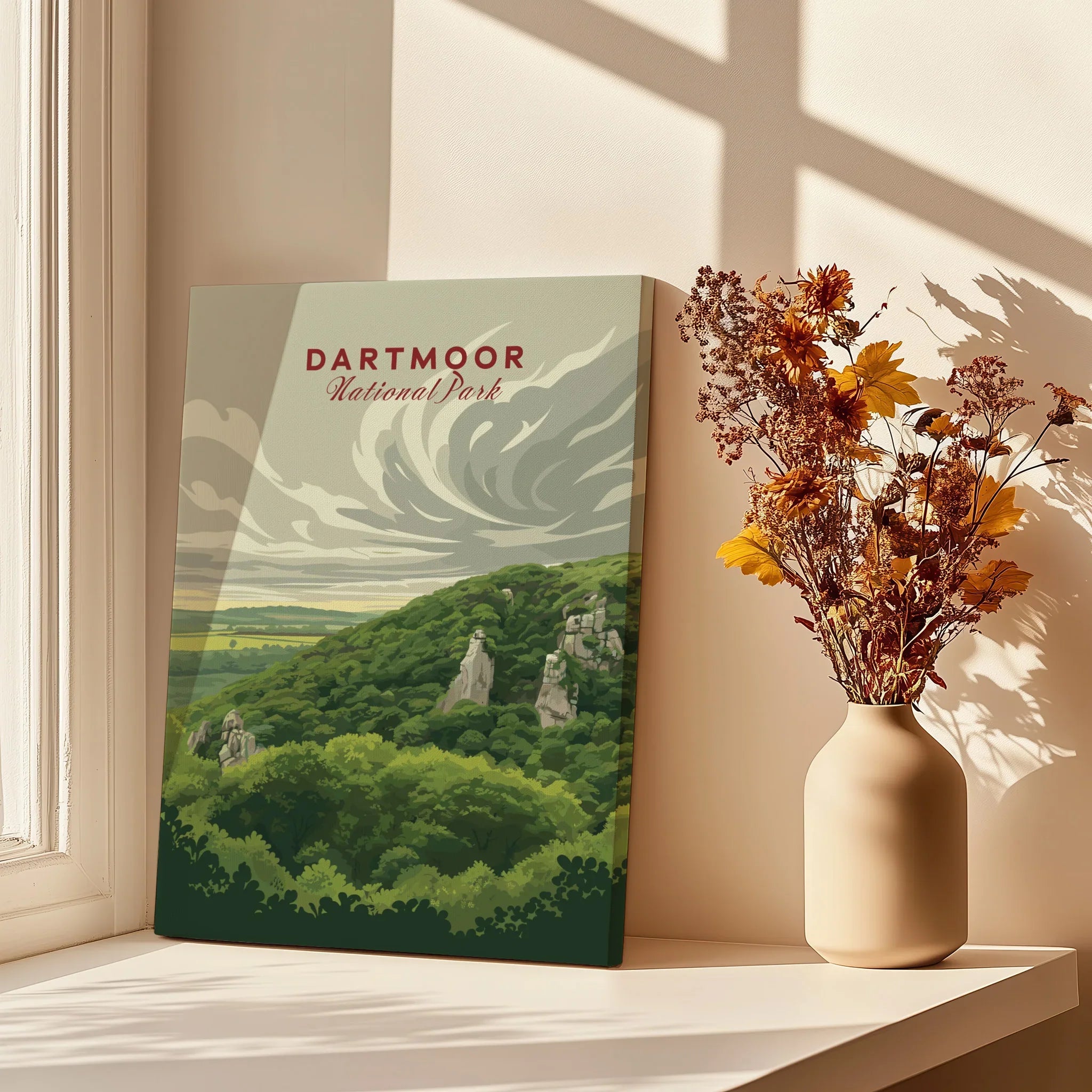 Dartmoor National Park Moorland Travel Poster — canvas print window setting with shadows flowers
